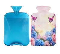Mexpekil Bolsa de agua caliente rosa azul mariposa rosa con tapa, bolsa de agua caliente de PVC de 2 litros para alivio del dolor, pies, espalda, calor