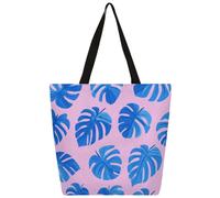 Mexpekil Bolsa de lona azul de hoja de palma tropical para mujeres y niñas, bolsas de compras reutilizables grandes para mujer, bolsa de hombro multiusos