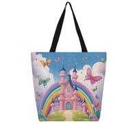 Mexpekil Bolsa de lona colorida con diseño de castillo de arcoíris para mujeres y niñas, bolsas de compras reutilizables grandes para mujer, bolsa de hombro multiusos