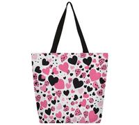 Mexpekil Bolsa de lona con corazones rosados y negros para mujeres y niñas, bolsas de compras reutilizables grandes para mujer, bolsa de hombro multiusos