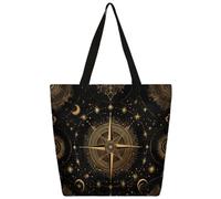 Mexpekil Bolsa de lona con diseño de brújula dorada y estrellas para mujeres y niñas, bolsas de compras reutilizables grandes para mujer, bolsa de hombro multiusos