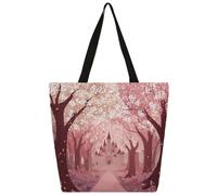 Mexpekil Bolsa de lona con diseño de castillo de dibujos animados de árbol rosa para mujeres y niñas, bolsas de compras reutilizables grandes para mujer, bolsa de hombro multiusos
