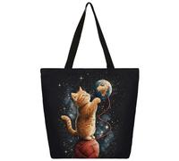 Mexpekil Bolsa de lona con diseño de gato naranja jugando a la tierra para mujeres y niñas, bolsas de compras reutilizables grandes para mujer, bolsa de hombro multiusos