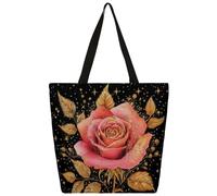 Mexpekil Bolsa de lona con diseño de hojas de oro rosa brillante para mujeres y niñas, bolsas de compras reutilizables grandes para mujer, bolsa de hombro multiusos