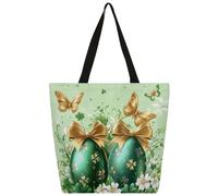 Mexpekil Bolsa de lona con diseño de huevos verdes, mariposas, flores, lazos, para mujeres y niñas, bolsas de compras reutilizables grandes para mujer, bolsa de hombro multiusos