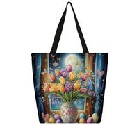 Mexpekil Bolsa de lona con diseño de tulipanes y huevos, para mujeres y niñas, reutilizable, para compras, grande, multiusos, para llevar al hombro