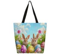Mexpekil Bolsa de lona con diseño floral de huevos coloridos para mujeres y niñas, bolsas de compras reutilizables grandes para mujer, bolsa de hombro multiusos