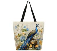 Mexpekil Bolsa de lona con diseño floral de pavo real para mujeres y niñas, bolsas de compras reutilizables grandes para mujer, bolsa de hombro multiusos