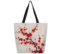 Mexpekil Bolsa de lona con flores rojas de tinta china para mujeres y niñas, bolsas de compras reutilizables grandes para mujer, bolsa de hombro multiusos