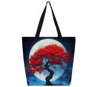 Mexpekil Bolsa de lona japonesa con diseño de árbol rojo y luna para mujeres y niñas, bolsas de compras reutilizables grandes para mujer, bolsa de hombro multiusos