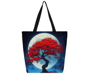 Mexpekil Bolsa de lona japonesa con diseño de árbol rojo y luna para mujeres y niñas, bolsas de compras reutilizables grandes para mujer, bolsa de hombro multiusos