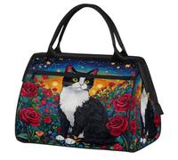 Mexpekil Bolsa de lona para gimnasio, bolsa de viaje deportiva, bolsa de fin de semana para mujeres y hombres, Flores de gato blancas y negras, Bolsa de viaje