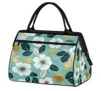 Mexpekil Bolsa de lona para gimnasio, bolsa de viaje deportiva, bolsa de fin de semana para mujeres y hombres, Hojas florales blancas y doradas, Bolsa de viaje