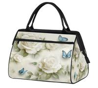 Mexpekil Bolsa de lona para gimnasio, bolsa de viaje deportiva, bolsa de fin de semana para mujeres y hombres, Rosas blancas y mariposas, Bolsa de viaje