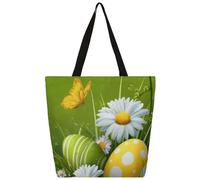 Mexpekil Bolsa de lona reutilizable con diseño de huevos de Pascua, margaritas y mariposas para mujeres y niñas, bolsas de compras grandes para mujer, bolsa de hombro multiusos