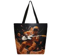 Mexpekil Bolsa de lona reutilizable para mujeres y niñas, con diseño de astronautas tocando la guitarra, bolsas de compras grandes para mujer, bolsa de hombro multiusos