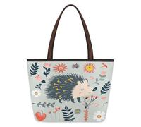 Mexpekil Bolsa de mano reutilizable para mujer, bonito erizo de dibujos animados con hojas y flores, gran capacidad, bonita bolsa de hombro para ir de compras, comestibles, trabajo, libro, Lindo erizo