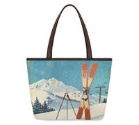 Mexpekil Bolsa de mano reutilizable para mujer, diseño de esquís, nieve, montaña, gran capacidad, bonita bolsa de hombro para compras, comestibles, trabajo, libro, Esquís Snow Mountain, Medium