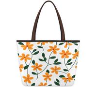 Mexpekil Bolsa de mano reutilizable para mujer, diseño de hojas botánicas, flores pequeñas, color naranja, gran capacidad, bonita bolsa de hombro para ir de compras, comestibles, trabajo, libro
