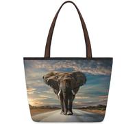 Mexpekil Bolsa de mano reutilizable para mujer, elefante caminando en Hhighway, gran capacidad, bonita bolsa de hombro para ir de compras, comestibles, trabajo, libro, elefante, Medium