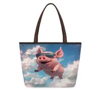 Mexpekil Bolsa de mano reutilizable para mujer, lindo cerdito volador con gafas de sol al cielo, gran capacidad, bonita bolsa de hombro para ir de compras, comestibles, trabajo, libro, Cerdito volador