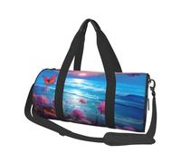 Mexpekil Bolsa de viaje plegable para gimnasio, bolsa de viaje impermeable para mujer y hombre, bolsa de equipaje de mano grande para fin de semana, Mariposa con flores rosadas junto al mar, Talla