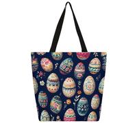 Mexpekil Bolso de lona bohemio con huevos de Pascua para mujeres y niñas, bolsas de compras reutilizables grandes para mujer, bolsa de hombro multiusos