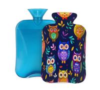 Mexpekil Bonita bolsa de agua caliente de PVC de 2 litros con tapa, diseño de búho, hojas de búho, de colores, para aliviar el dolor, pies, espalda, calor