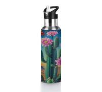Mexpekil Botella de agua aislada de acero inoxidable con diseño de cactus con flores rosas y mariposas, para deportes, gimnasio, viajes, botella de bebidas a prueba de fugas con tapa con popote, 600