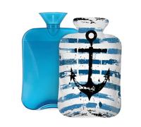 Mexpekil Botella de agua caliente con diseño de ancla de rayas azules y blancas con funda, bolsa de agua caliente de PVC de 2 L para aliviar el dolor, pies, espalda, calor