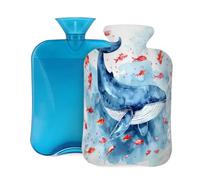 Mexpekil Botella de agua caliente con tapa, diseño de ballena de mar y peces tropicales de acuarela con funda, bolsa de agua caliente de PVC de 2 L para aliviar el dolor, pies, espalda, calor