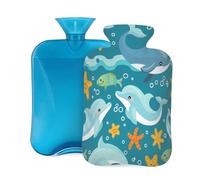 Mexpekil Botella de agua caliente con tapa, diseño de ballena marina, delfín, estrella de mar, peces, 2 l, bolsa de agua caliente de PVC para alivio del dolor, pies, espalda, calor
