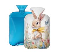 Mexpekil Botella de agua caliente con tapa, diseño de conejito de Pascua, mariposa, flor, acuarela, bolsa de agua caliente de PVC de 2 litros para aliviar el dolor, pies, espalda, calor
