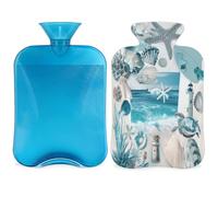 Mexpekil Botella de agua caliente con tapa, diseño de estrella de mar, tortuga y conchas marinas, color verde azulado con funda, bolsa de agua caliente de PVC de 2 litros para aliviar el dolor, pies
