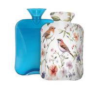 Mexpekil Botella de agua caliente con tapa, diseño de flores de pájaro de acuarela con funda, bolsa de agua caliente de PVC de 2 litros para aliviar el dolor, pies, espalda, calor
