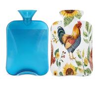 Mexpekil Botella de agua caliente con tapa, diseño de gallinas, gallo y girasol, de acuarela, bolsa de agua caliente de PVC de 2 L para aliviar el dolor, pies, espalda, calor