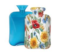 Mexpekil Botella de agua caliente con tapa, diseño de girasol, amapola, aciano, bolsa de agua caliente de PVC de 2 litros para aliviar el dolor, pies, espalda, calor