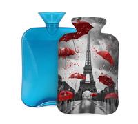 Mexpekil Botella de agua caliente con tapa, diseño de la Torre Eiffel con paraguas, bolsa de agua caliente de PVC de 2 litros para aliviar el dolor, pies, espalda, calor