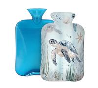 Mexpekil Botella de agua caliente con tapa, diseño de tortuga marina y estrella de mar de acuarela con funda, bolsa de agua caliente de PVC de 2 L para aliviar el dolor, pies, espalda, calor