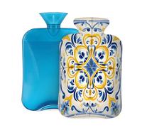 Mexpekil Botella de agua caliente con textura de adorno floral de azulejos antiguos con tapa, bolsa de agua caliente de PVC de 2 L para aliviar el dolor, pies, espalda, calor