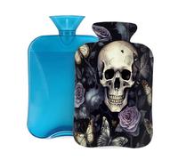 Mexpekil Botella de agua caliente retro con tapa, diseño de calavera, rosa, mariposa, bolsa de agua caliente de PVC de 2 L para aliviar el dolor, pies, espalda, calor