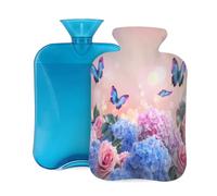 Mexpekil Botella de agua caliente rosa azul flor mariposa con tapa, bolsa de agua caliente de PVC de 2 L para alivio del dolor, pies, espalda, calor