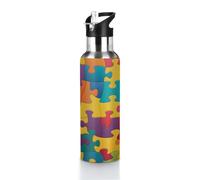 Mexpekil Botella de agua de acero inoxidable con patrón de rompecabezas coloridos con pajilla, botella de agua aislada de 20 onzas, a prueba de fugas, para adultos, mujeres y hombres, 600 ml