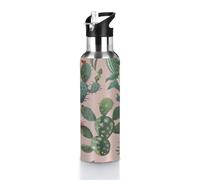 Mexpekil Botellas de agua aisladas de 600 ml, con fondo rosa, flor de cactus, botella de agua deportiva de acero inoxidable con tapa con popote, termo a prueba de fugas para gimnasio, trabajo, viajes