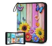 Mexpekil Carpeta de madera con flores brillantes y mariposas, 4 bolsillos con 50 páginas de carga lateral, carpeta de colección de tarjetas para 400 tarjetas, con cremallera, álbum de tarjetas