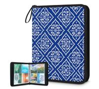 Mexpekil Carpeta de tarjetas a cuadros florales azules con 4 bolsillos con 50 páginas de carga lateral, carpeta de colección de tarjetas para 400 tarjetas con cremallera, álbum de tarjetas