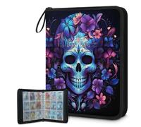 Mexpekil Carpeta de tarjetas con cabeza de calavera de flores moradas, 9 bolsillos con 50 páginas de carga lateral, carpeta de colección de tarjetas para 900 tarjetas, con cremallera, álbum de