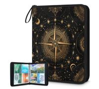 Mexpekil Carpeta de tarjetas con diseño de brújula dorada, 4 bolsillos con 50 páginas de carga lateral, carpeta de colección de tarjetas para 400 tarjetas, con cremallera, álbum de tarjetas