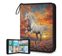 Mexpekil Carpeta de tarjetas de caballo con diseño de flores de atardecer, 4 bolsillos con 50 páginas de carga lateral, carpeta de colección de tarjetas para 400 tarjetas, con cremallera, álbum de