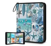 Mexpekil Carpeta de tarjetas de concha de estrella de mar azul, 4 bolsillos con 50 páginas de carga lateral, carpeta de colección de tarjetas para 400 tarjetas, con cremallera, álbum de tarjetas